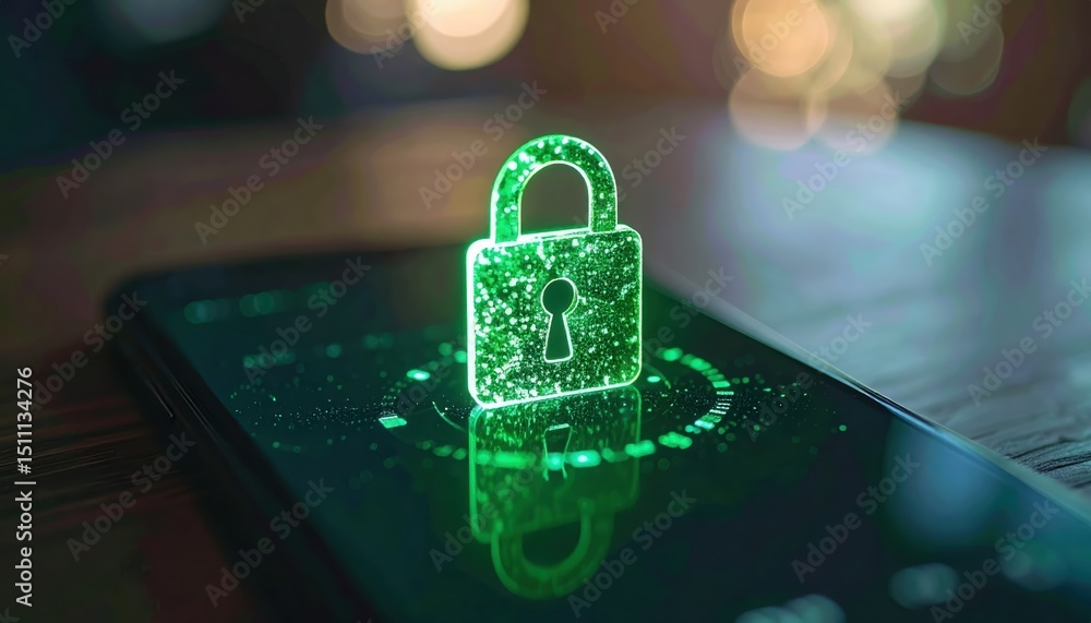 Poster digital security concept with a glowing green padlock icon reflected on smartphone screen in a moder