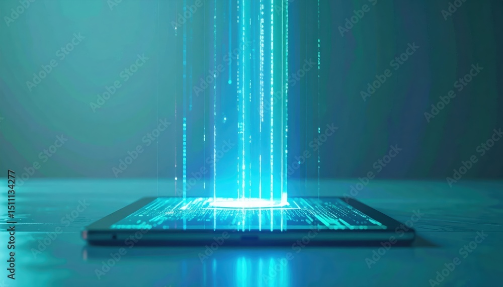 Poster futuristic digital technology interface with holographic data streams emerging from a tablet device 