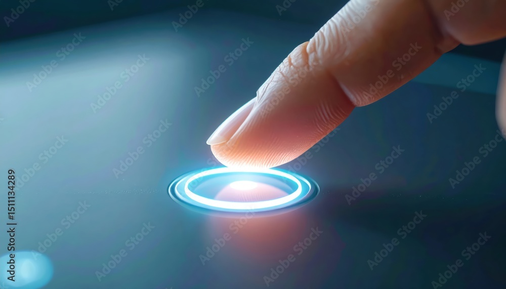 Poster futuristic touch screen interface with finger pressing glowing holographic button on digital device