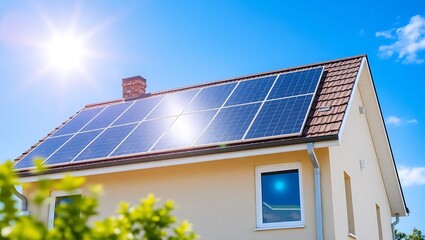 Naklejka premium Residential home with solar panels on roof under bright sunlight