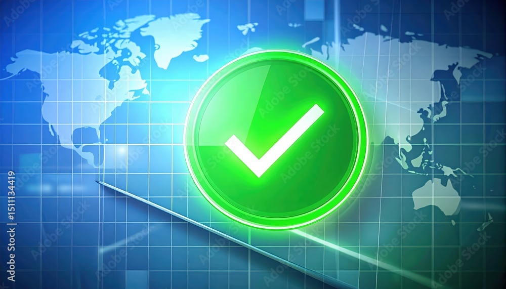 Poster digital security verification concept with global map and green checkmark for data protection and sa