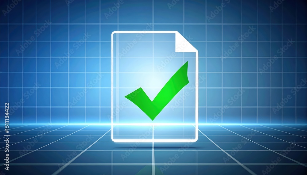 Poster digital verification icon with green checkmark on a high tech blue grid background representing conf