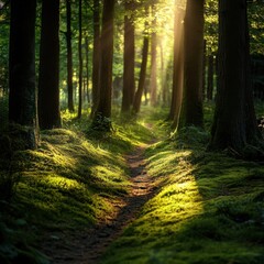 Fototapeta premium Sunlit Forest Path A Magical Green Landscape