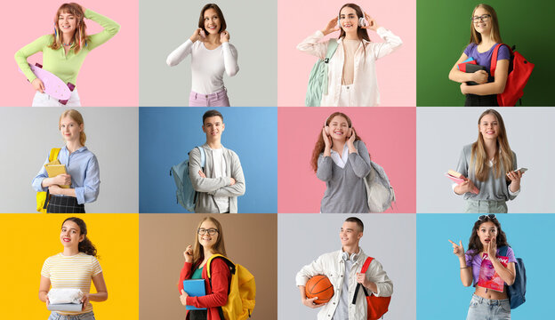 Set of teenagers on color background