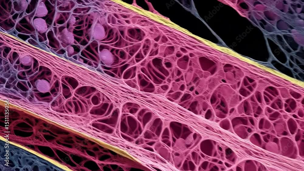 Poster close-up of cellular abstract structure with pink, blue and yellow elements and complex network visi