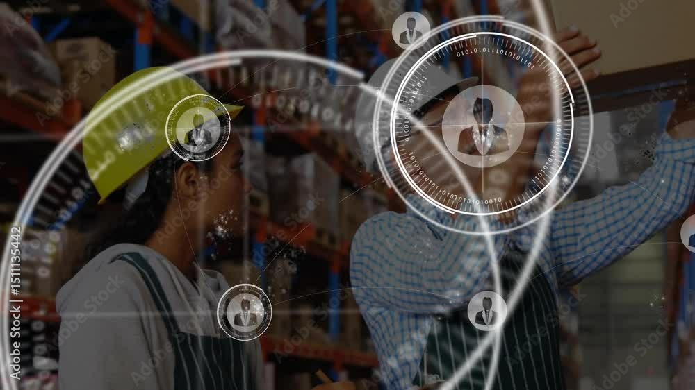 Poster logistics worker lifting box and noting inventory data while causing holographic interface swirling