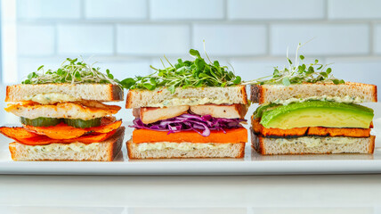 Assorted gourmet sandwiches with vegetables and microgreens on white background.
