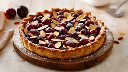 Homemade cherry almond tart with flaky crust on wooden board.