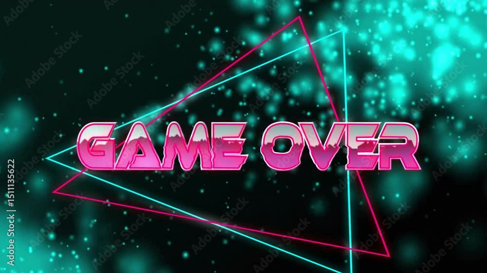 Aufkleber 3d rotating magenta game over text glowing, drawing triangles, pulsing particles to signal end