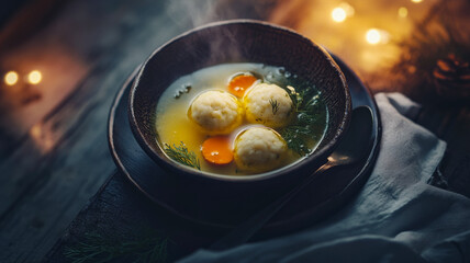 Warm matzo ball soup with vegetables and herbs in a cozy setting.
