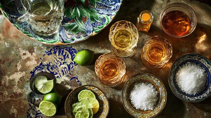 Top view of Mexican tequila tasting with lime on a rustic table.