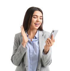 Happy young woman with smartphone on white background
