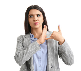 Displeased young woman showing 