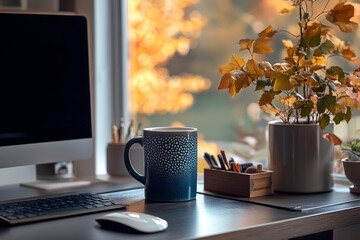 Modern Workspace with Computer and Coffee Cup on Desk