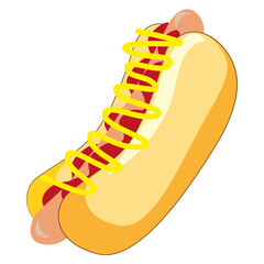 Hot dog icon. Mustard sausage bun. Fast food vector. Tasty snack shape.