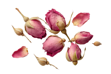 PNG Pink dried rose buds and petals on black background