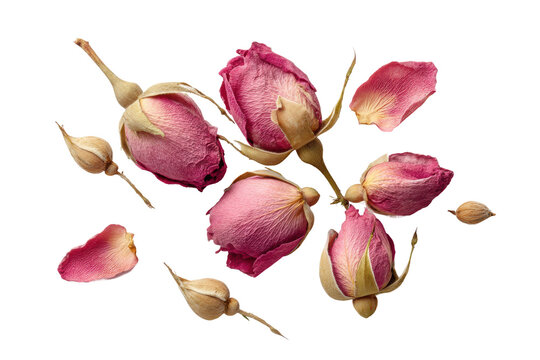 PNG Pink dried rose buds and petals on black background
