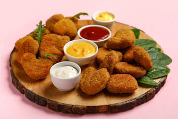Wooden board with tasty nuggets and different sauces on pink background