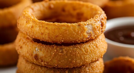 Macro shot of crispy fried onion rings stacked