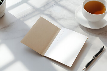 Cozy Tea Time: Notebook and Tea Cup on a Rustic Table