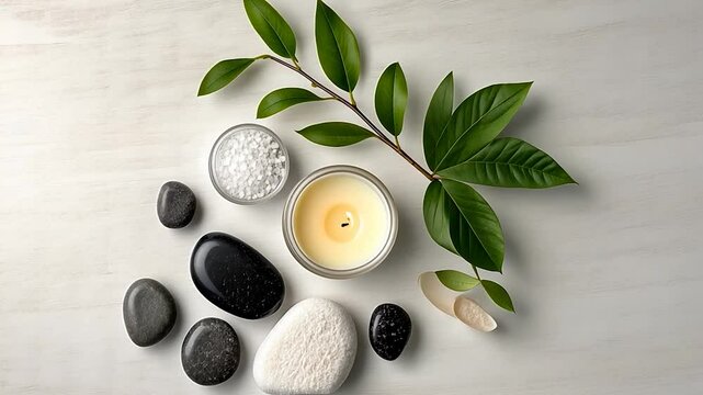 Serene Spa Still Life: Zen Stones, Candlelight, and Tranquil Greenery