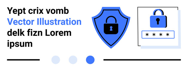 Shield with a lock icon, password input field, and abstract shapes. Ideal for technology, security, privacy protection, digital safety, network protection, user authentication simple landing page