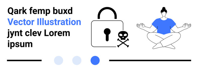 Padlock with skull symbol for caution alongside a meditating person in lotus position. Ideal for mindfulness, cybersecurity awareness, personal data protection, wellness, balance, focus, simple