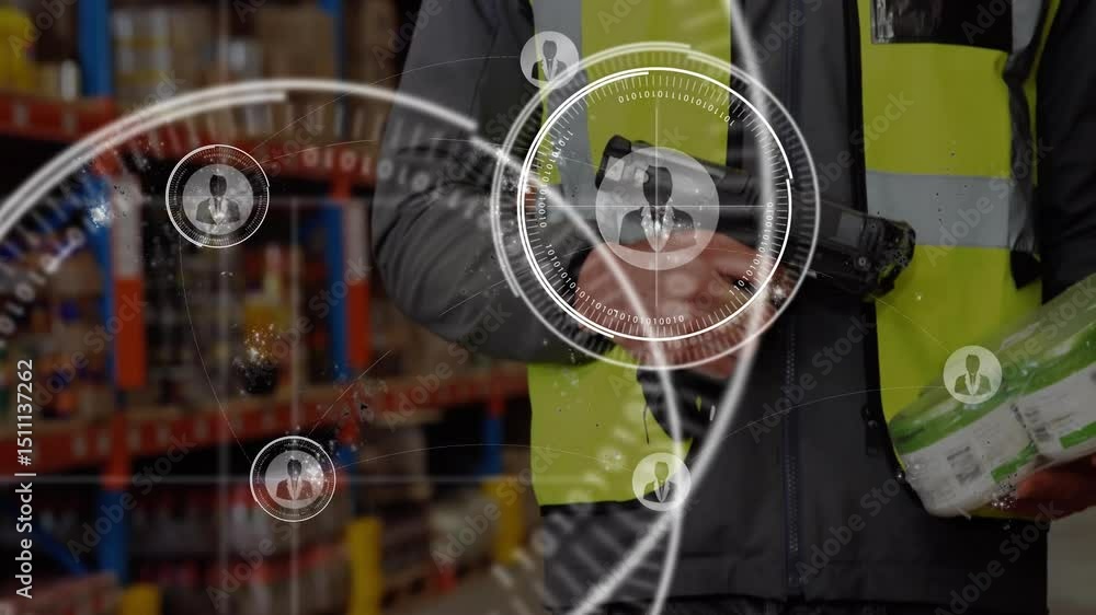 Poster warehouse worker scanning barcode on six-pack and showing animated hud rings for inventory tracking