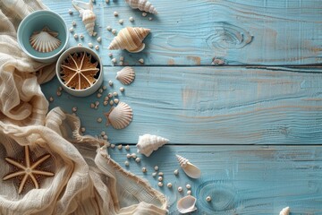 Obraz na płótnie Canvas flat lay of coastal decor with seashells and linen napkins, textured wooden surface, minimalist style, bright natural light, pastel blue and beige tones, top-down view with negative space in center