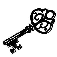 A black and white illustration of an ornate antique key.