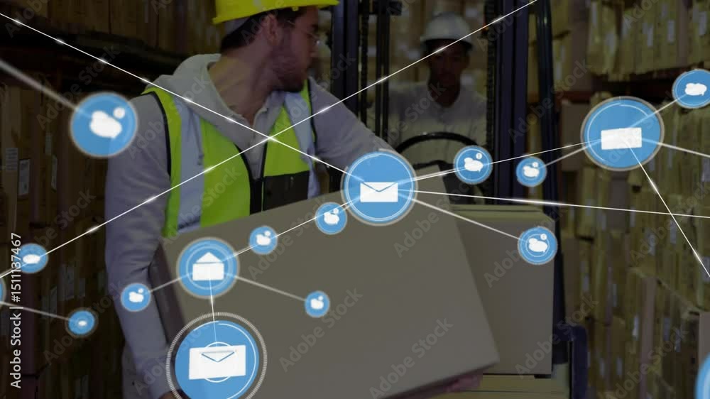 Poster warehouse worker removing box via forklift and walking aisle with network icons linking over him
