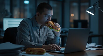 Man working late at night while eating a sandwich. 