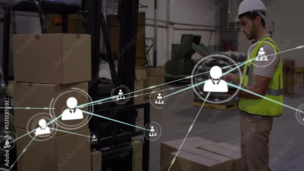 Poster warehouse worker scrolling tablet and initiating digital user network overlay monitoring inventory