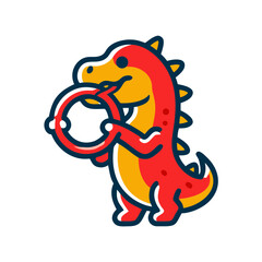 Fototapeta premium Baby dinosaur chewing a teething ring - icon for children's products and services