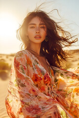 Woman in Floral Dress Enjoying a Day at the Beach