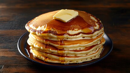 Fluffy pancake stack with butter and syrup dripping down sides plated on dark rustic background classic American breakfast food overlay cut out on isolated transparent removed background