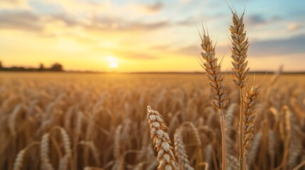 Naklejka premium Harvesting wheat at sunset rural field nature photography scenic view