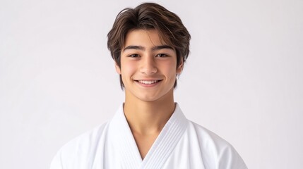 Experienced teen karate practitioner in white gi, waist-length, performing a fighting stance, generative ai