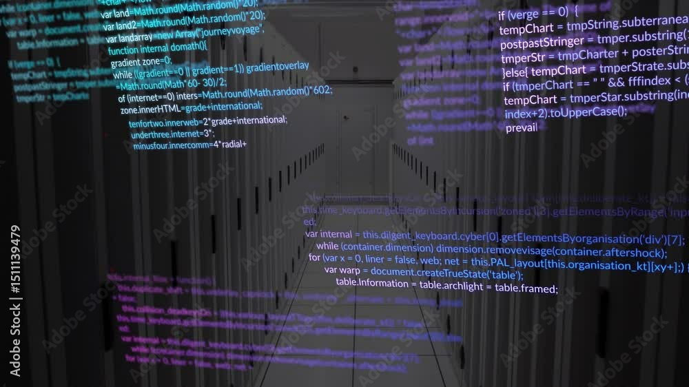 Poster Static server rack corridor starting code lines fading in and sliding across view showing data flow