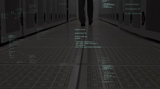 Technician walking down raised-floor server-rack aisle, starting code overlays drifting around legs