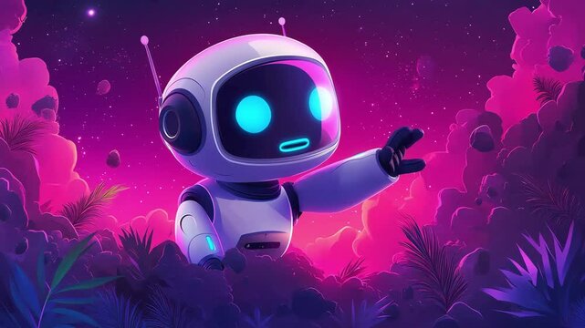 Animated robot in a colorful futuristic space setting makes a gesture.
