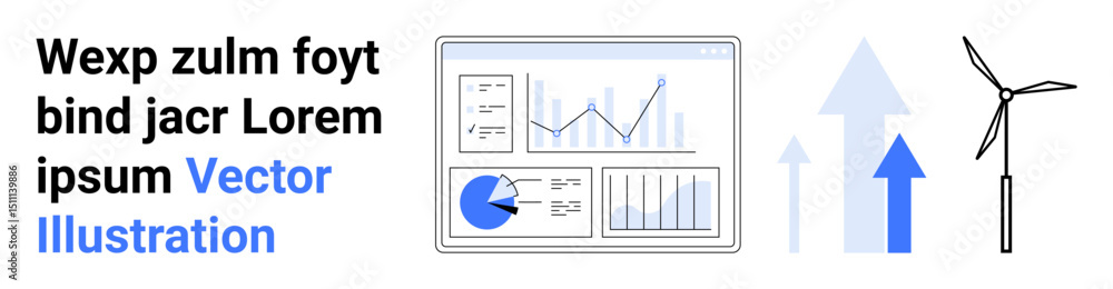 Poster digital dashboard with charts, growth arrows, and wind turbine emphasizing data analysis, renewable 