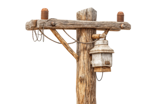 PNG Vintage wooden telegraph pole with insulators and weathered lantern