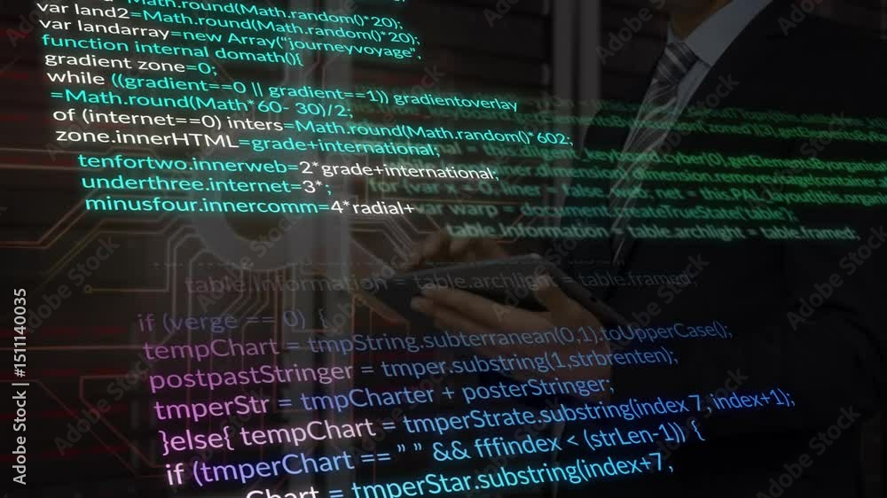 Poster business professional tapping tablet display, monitoring scrolling code overlay across server racks