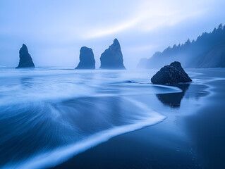 Serene Long Exposure of Ocean Waves at Dusk