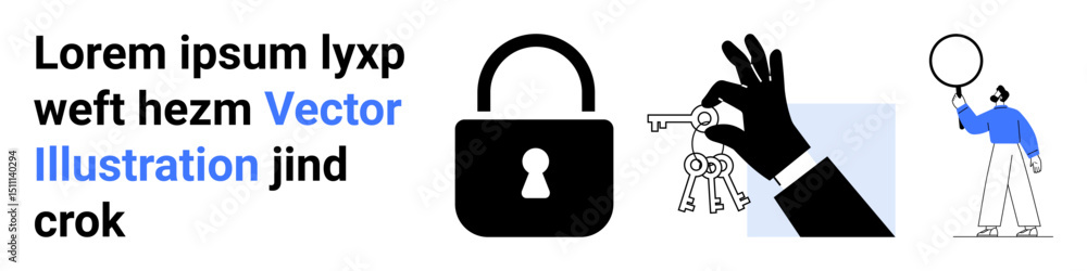 Aufkleber large padlock and keyring as symbols of security, next to a person investigating with a magnifying g
