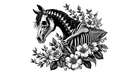 Obraz premium Horse skull with flowers artistic design. Elegant horse skeleton surrounded by blooming roses and camellias. Artistic image of horse death and rebirth, perfect for gothic art, tattoo design,