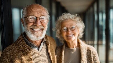 Cheerful elderly man and woman in sunlight-filled modern interior 