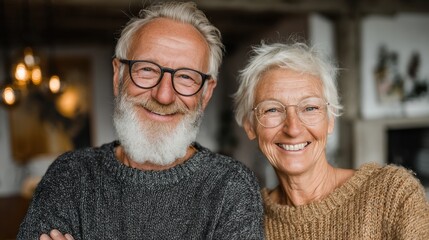 Cheerful elderly man and woman in sunlight-filled modern interior 