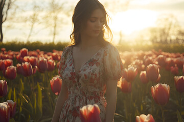 Woman in a Field of Vibrant Red Tulips